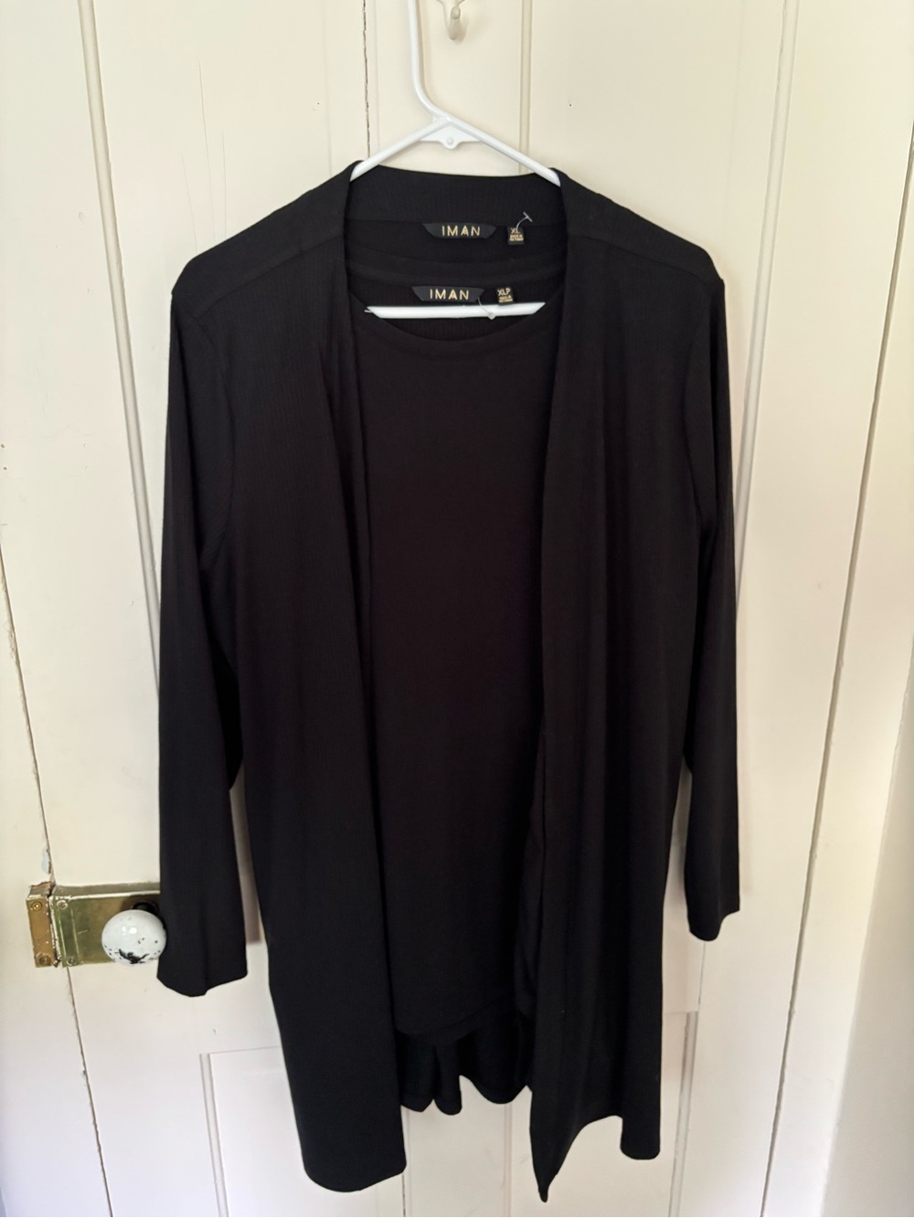 IMAN Black Open Front Lightweight Cardigan with black short sleeve shirt